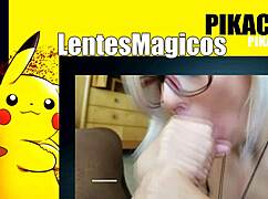 blonde with glasses gives blowjob to black guy