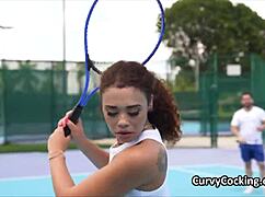 after practice, the curly ebony beauty gets a cock blowjob