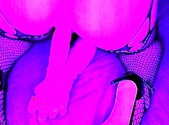 milf cums hard using dildo in fishnets and stockings