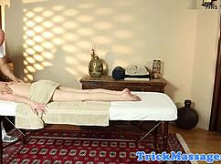 Big-Boobed Blonde Babe in Uniform Rides Tattooed Masseur's Pecker