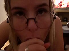 cute teen 18+ nerd sucking dick deep and takes cumshot on face