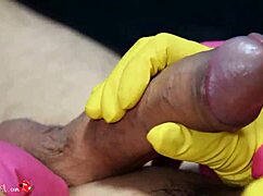 Four hands latex glove handjob fun