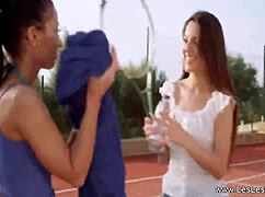 Lustful tennis lesbians masturbate with toys on the court.