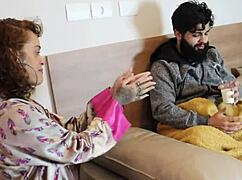 She ditches husband on sofa, gives neighbor blowjob before anal