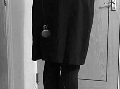 Crossdresser in Uniform Bound Tight with Handcuffs for Self-Bondage Play