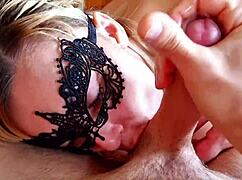 Amateur blonde's intense blowjob leads to cumshot on big boobs POV