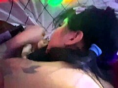Asian wife in lingerie cheats with tattooed lover, getting cumshot in homemade sex.