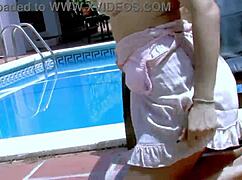 nice young 18+ arab brunette damaris dancing and stripping by the pool