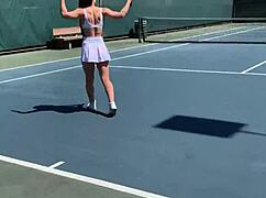 Brunette babe abbie maley flashes small tits in pov public sex on tennis court with cumshot 😍