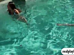 sweet coeds in bikini enjoy wild poolside group fun
