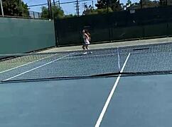 Brunette babe abbie maley flashes small tits in pov public sex on tennis court with cumshot 😍