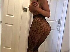 sophie james milf masturbates in stockings heels and tight leggings showing big tits