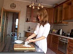 teasing teen darien rubs pancake mix on her nubile nude body while undressing in a thong