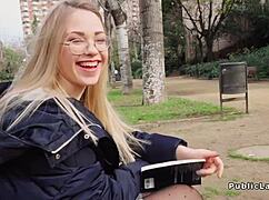 Blonde in Pantyhose Screws Hard in Public Bushes