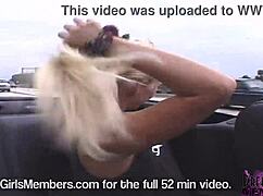 hot blonde flashing natural tits, riding topless in convertible outdoors