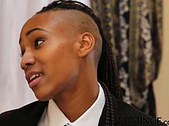 Ebony Wife Scissors Brunette On Bed