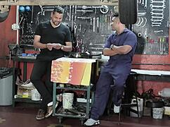 mechanic fucking big tits bodybuilder's pussy and ass with muscular passion