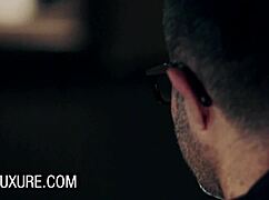 Blonde Chloe Lacourt bends over for a quick blowjob and cumshot in the ladies room