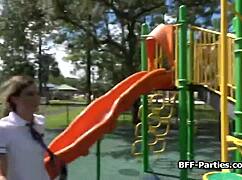 Busted Coed Bffs Pleasing Security Guards Monster Cock In Uniform Group Fun