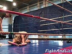 Roundass babe gets groped in wrestling catfight