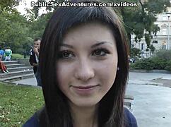 wow, this brunette flashin her nice tits in public, so bold!