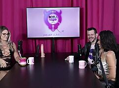 Compilation of glamour blonde lingerie group in sheer red