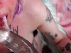 Blonde girlfriend performs deepthroat blowjob and swallows cum