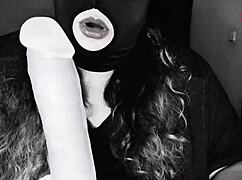 Homemade bbw fucking her dildo passionately in kinky setup.