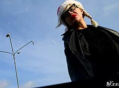 russian slut gives sloppy blowjob in public, cum smeared all over her pov