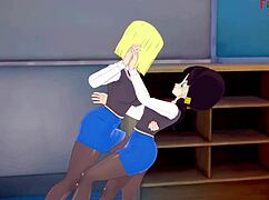 In Dragon Ball Zex, Android 18 and Videl engage in passionate lesbian sex in a fantasy world