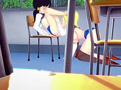 In Dragon Ball Zex, Android 18 and Videl engage in passionate lesbian sex in a fantasy world