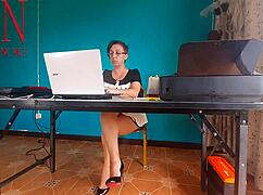 Secretary nude on security camera in office