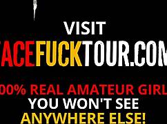 brunette rough deep throats fat dick and swallows cum