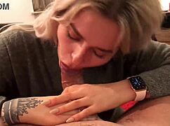 cute blonde gives sloppy blowjob to monster cock