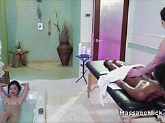 Interracial trio enjoys a steamy pussy massage at spa