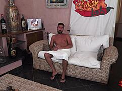 Tattooed milf bends over for deep doggystyle fucking. Cumshot on her big tits.