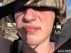 Army men in fatigues masturbate on couch before hot fucking scene