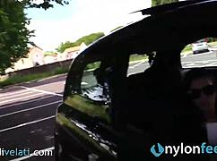 Hot Brunette Flashes Nylon Feet on Street in Hidden Candid Shot!