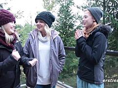 Three amateur lesbians kissing and licking pussies in a party.