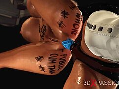 Horny lesbian blonde in restraints takes strap-on hard