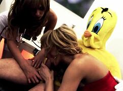 Saddened milf cheered by blonde nurse's big tits threesome in heels