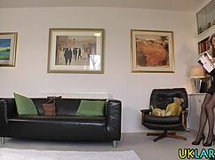 Ginger in stockings intensely performs oral on a big cock