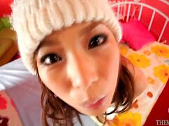 Winter knit hat gal supports intense solo masturbation in steamy Japanese scene.