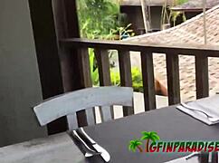 Hey, my GF's bald pussy gets fucked hard in doggystyle on our exotic holiday trip!