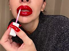 she licks my monster cock with red lipstick close up