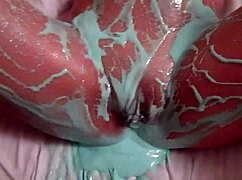 oily wife gets messy with dildo and fucking