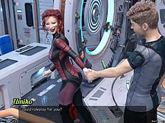 In stranded in space 95, the cute asian scientist milf with big boobs holds hands in her outfit during this 3d hentai adventure