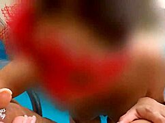 Skinny teen with big ass masturbates and blows friends at pool