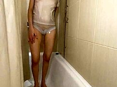 i'm bathing in the shower, my petite body in white underwear looking so cute.