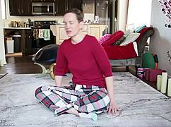 yoga lesson with brunette babe focusing on poses and flexibility in a private session